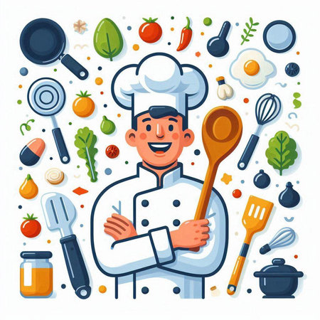 Chef man with cooking tools. Vector illustration in flat cartoon styleのイラスト素材