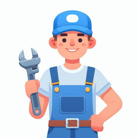 Plumber in overalls with wrench. Vector illustration in cartoon styleのイラスト素材