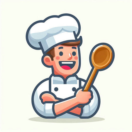 Chef holding a ladle. Vector illustration in cartoon style.のイラスト素材