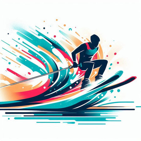 Vector illustration of a man riding a wakeboard on a colorful backgroundのイラスト素材
