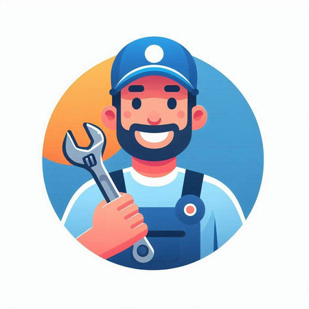 Plumber in uniform holding a wrench. Vector illustration in cartoon style.のイラスト素材