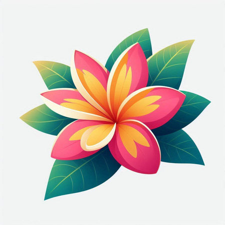 Frangipani flower with green leafs. Vector illustration.のイラスト素材