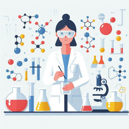 Scientist woman working in laboratory. Vector illustration in flat style.のイラスト素材