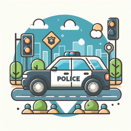 Police car on the road in the city. Vector illustration in flat style.のイラスト素材