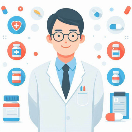 Male doctor in white coat and glasses standing near medical icons. Vector illustration.のイラスト素材