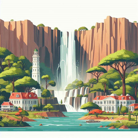 Waterfall on a background of mountains and houses. Vector illustration.のイラスト素材