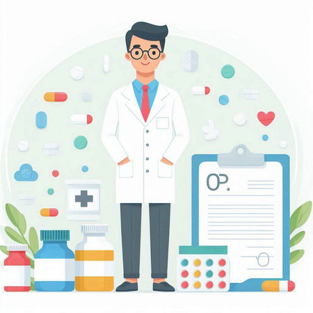 Male doctor in white coat and glasses standing next to a clipboard with medical pills. Vector illustration.のイラスト素材