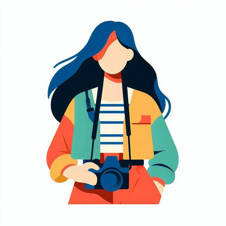 Photographer girl with camera. Vector illustration in flat cartoon style.のイラスト素材