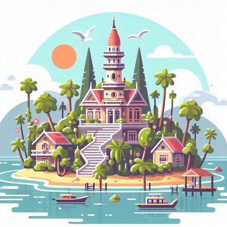 Palm Tree House on the island. Vector illustration in flat styleのイラスト素材