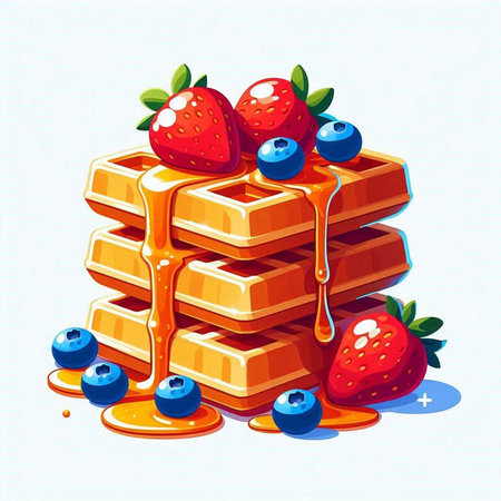 Vector illustration of a stack of waffles with berries and honey.のイラスト素材