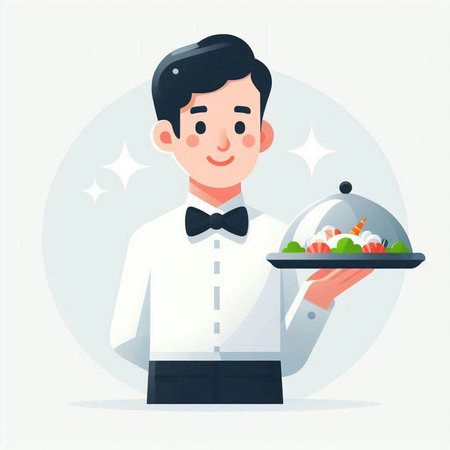 Waiter holding a tray with food. Vector illustration in cartoon style.のイラスト素材