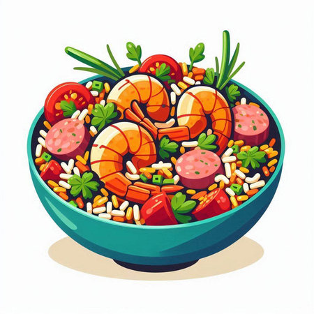 Salad with shrimps and vegetables in a bowl. Vector illustration.のイラスト素材