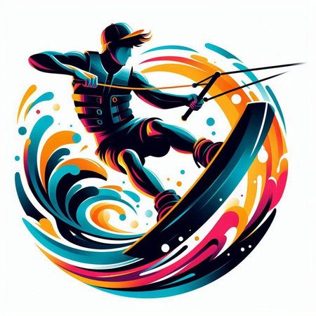 Kitesurfer in action on a colorful background. Vector illustration.のイラスト素材