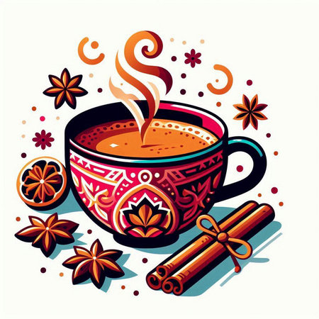 Cup of hot tea with cinnamon and star anise. Vector illustration.のイラスト素材