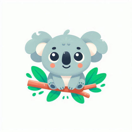 Cute cartoon koala on a branch with leaves. Vector illustration.のイラスト素材