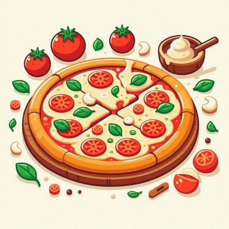 Pizza with tomato, mozzarella and basil. Vector illustrationのイラスト素材