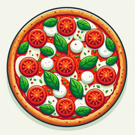Pizza with mozzarella, tomatoes and basil. Vector illustration.のイラスト素材