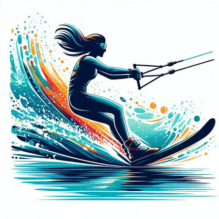 Girl skier on a background of a wave. Vector illustration.のイラスト素材