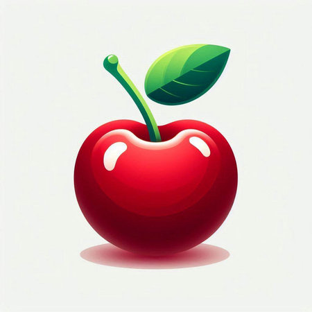 Illustration of a red cherry with leaf on a white background.のイラスト素材