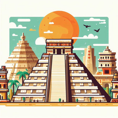 Ancient temple in India. Vector illustration in flat style. Travel and tourism.のイラスト素材