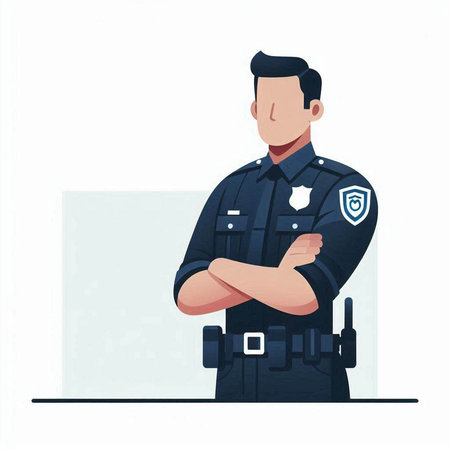 Police officer standing with arms crossed. Vector illustration in cartoon style.のイラスト素材