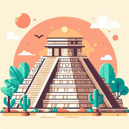 Ancient Mayan temple in Mexico. Vector illustration in flat style.のイラスト素材
