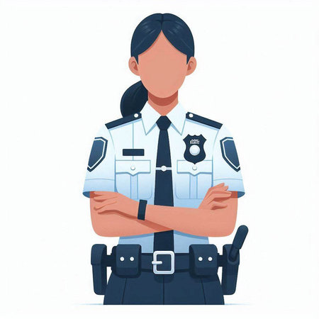 Policewoman standing with crossed arms. Vector illustration in cartoon style.のイラスト素材