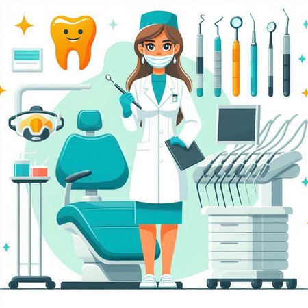Dentist woman with stomatology tools. Vector illustration.のイラスト素材