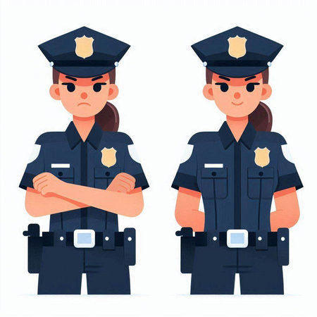 Policewoman with crossed arms. Policewoman in uniform. Vector illustration in cartoon styleのイラスト素材