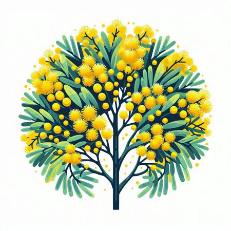 Vector illustration of mimosa tree with yellow flowers isolated on white backgroundのイラスト素材