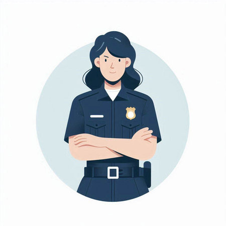 Vector illustration of a female police officer in a flat style with a crossed arms.のイラスト素材