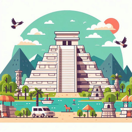 Ancient mayan pyramid in the mexican city. Vector illustrationのイラスト素材