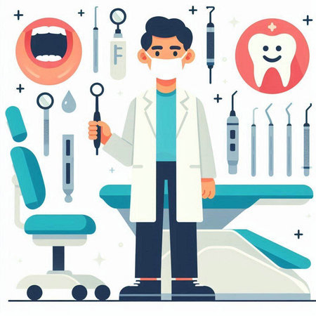Dentist flat vector illustration. Dentist with dental tools and equipment.のイラスト素材