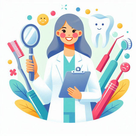 Female dentist with stomatology equipment. Vector illustration in cartoon styleのイラスト素材