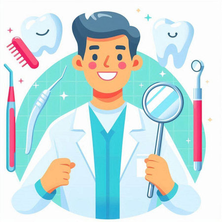 Dentist with dental tools. Vector illustration in cartoon style.のイラスト素材