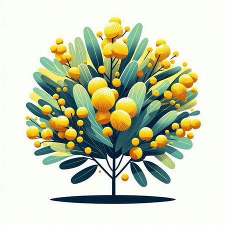 Mimosa tree with yellow flowers isolated on white background. Vector illustration.のイラスト素材