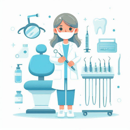 Dentist woman with stomatology equipment vector illustration.のイラスト素材