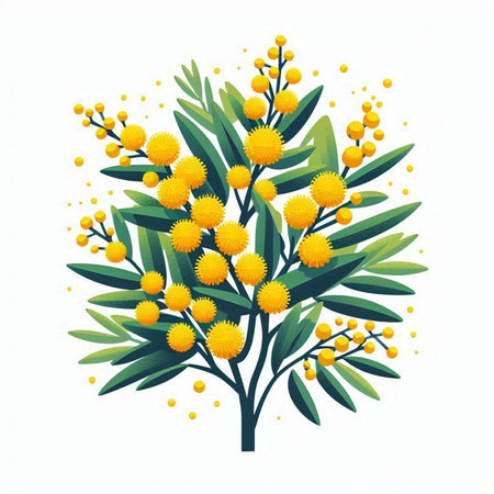 Mimosa tree with yellow flowers and green leaves isolated on white backgroundのイラスト素材