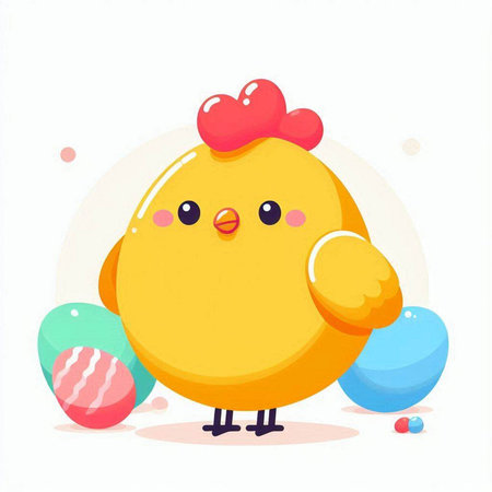 Cute baby chicken with colorful eggs. Happy Easter. Vector illustration.のイラスト素材