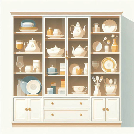 Illustration of a beautiful wooden cupboard with different kitchen utensilsのイラスト素材