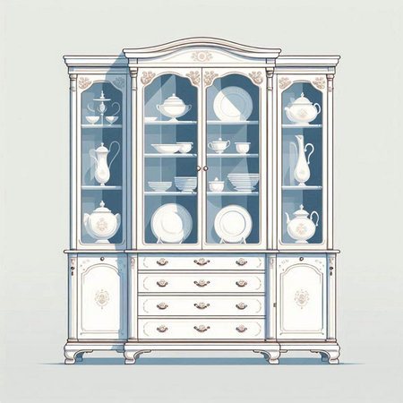Illustration of a vintage cupboard with porcelain dishes.のイラスト素材