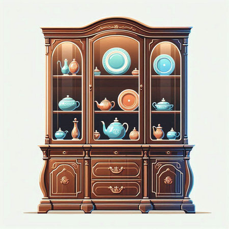 Vintage cupboard with porcelain dishes. Vector illustration.のイラスト素材