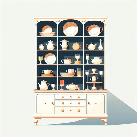 Illustration of a beautiful vintage cupboard with a set of dishesのイラスト素材
