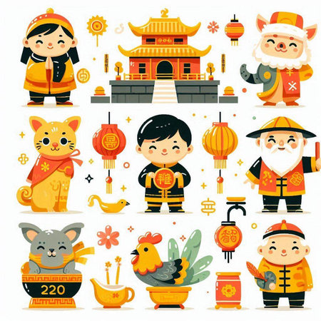 Chinese New Year cartoon characters set. Cute animals in traditional clothes. Vector illustrationのイラスト素材