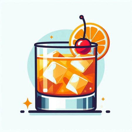 Cocktail with orange, ice cubes and cherry. Vector illustration.のイラスト素材