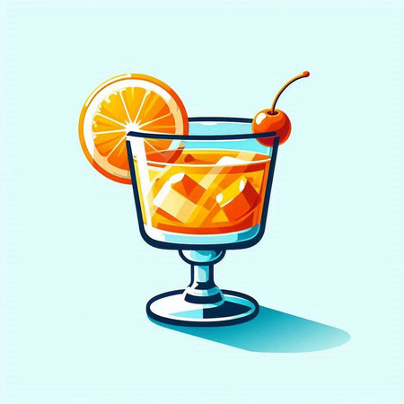 Cocktail with orange and cherry on blue background. Vector illustration.のイラスト素材