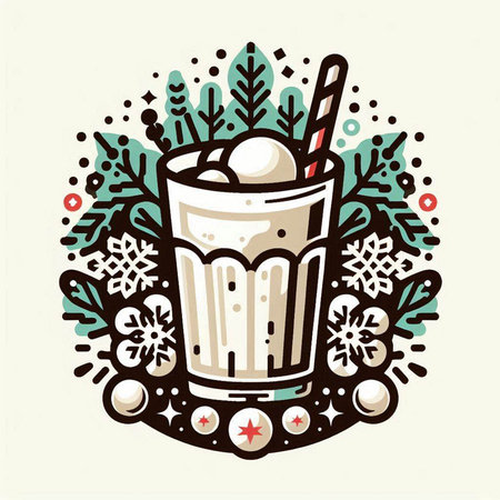 Hand drawn vector illustration of a glass of milkshake with ice creamrated with Christmas ornaments.のイラスト素材