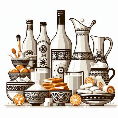 Vector illustration of a set of different types of Italian food and beveragesのイラスト素材