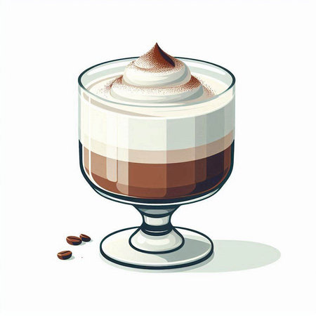 Vector illustration of a glass of coffee with whipped cream and coffee beansのイラスト素材