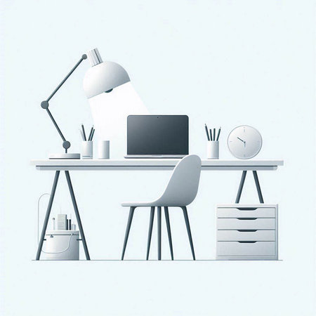 workplace with computer, table, chair and lamp, vector illustrationのイラスト素材